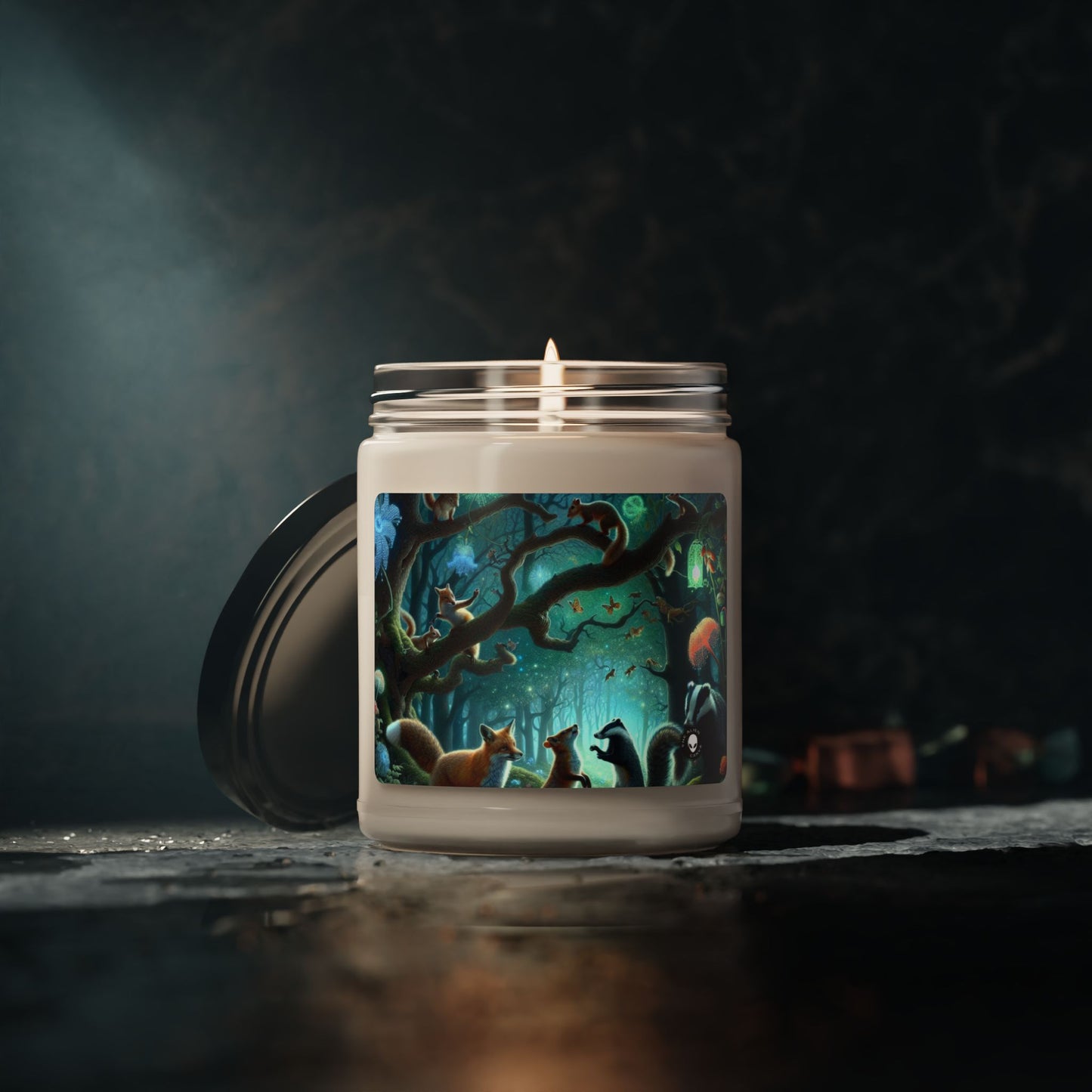 « Ménagerie mystique : créatures gambadant dans une forêt enchantée » - Bougie parfumée au soja Alien 9oz