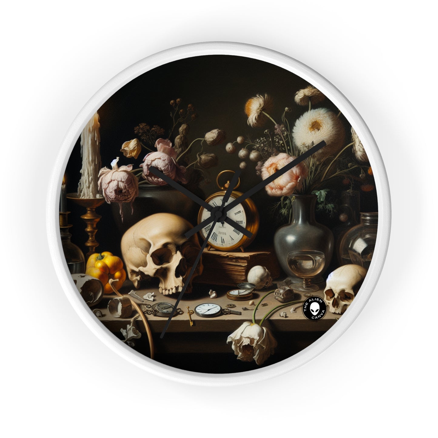 "Decadencia digital: una Vanitas contemporánea que examina el consumismo en el siglo XXI" - The Alien Wall Clock Vanitas Painting