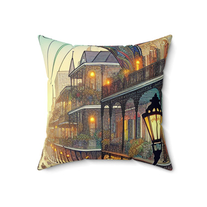 "Vivid Splendor: A Picture of New Orleans's French Quarter" - The Alien Spun Polyester Square Pillow Art Nouveau Style