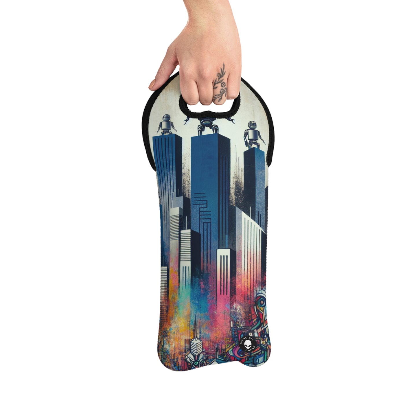 "Robotic Cityscape: A Futuristic Mural" - The Alien Wine Tote Bag Street Art / Graffiti