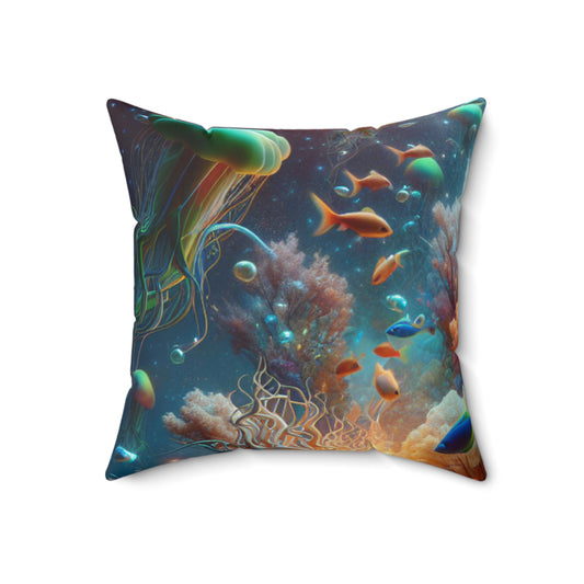 "Neon Fish Dance in Coral Forest"- The Alien Spun Polyester Square Pillow