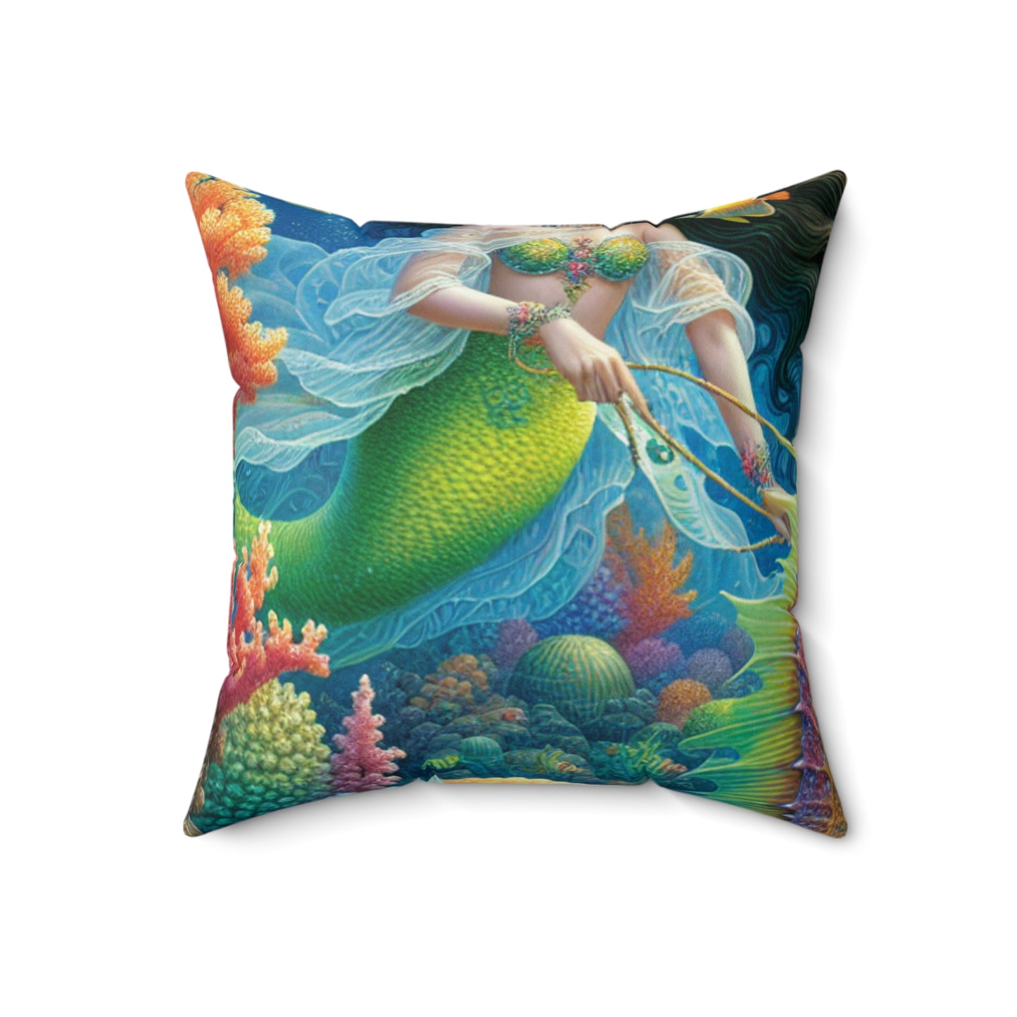 "Mermaid's Magical Coral Ride"- The Alien Spun Polyester Square Pillow