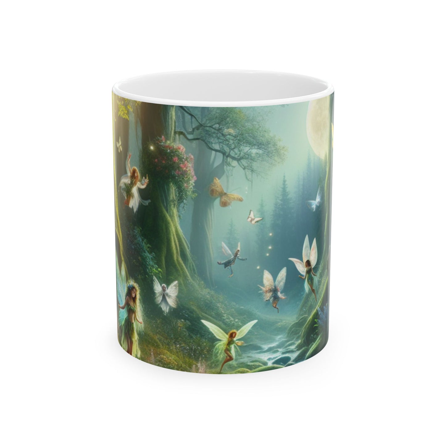 "Bosque encantado iluminado por la luna" - Taza de cerámica alienígena de 11 oz