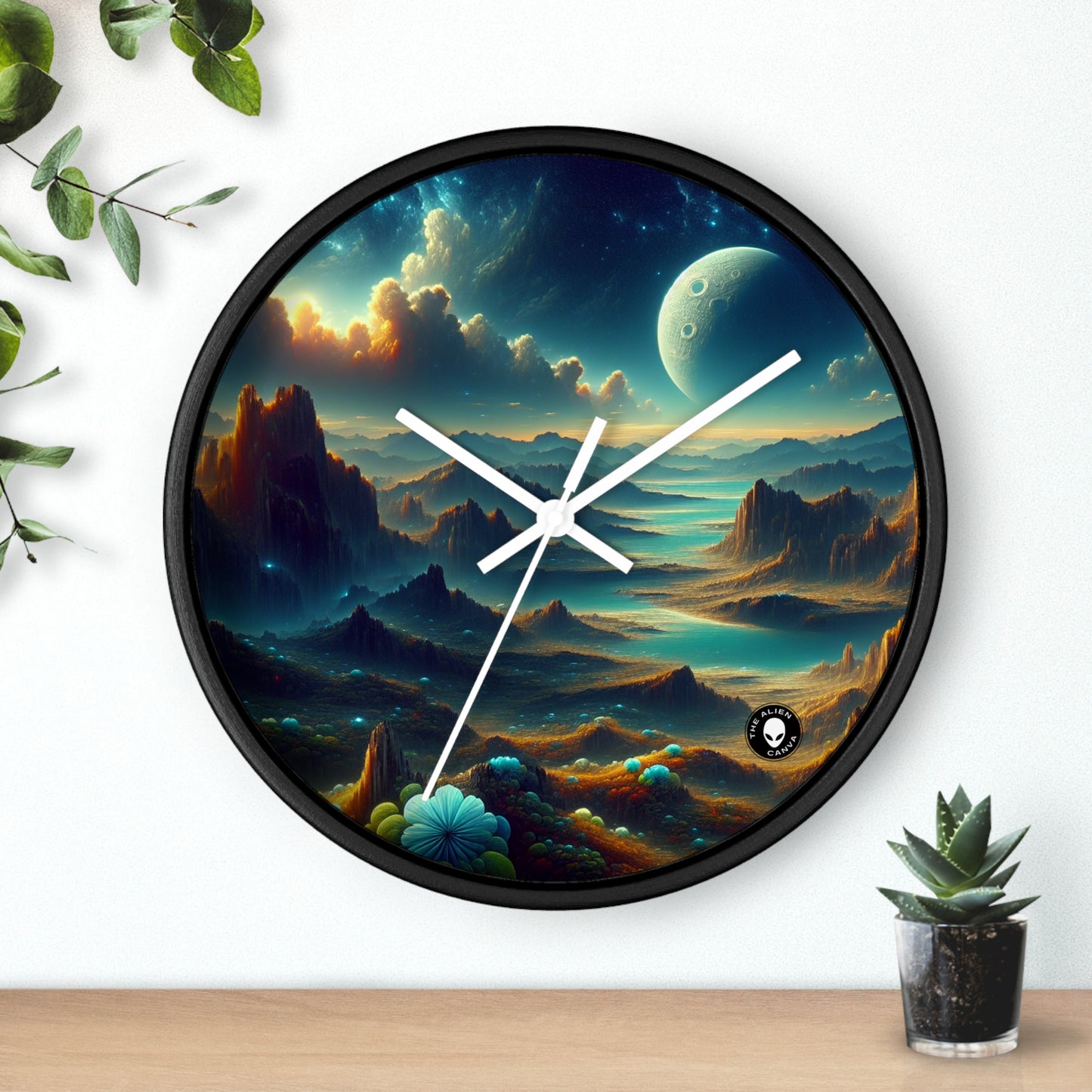 "Un Sueño Extraño: Un Mundo Desconocido en Detalle" - The Alien Wall Clock planetas no descubiertos en estilo hyperrealista