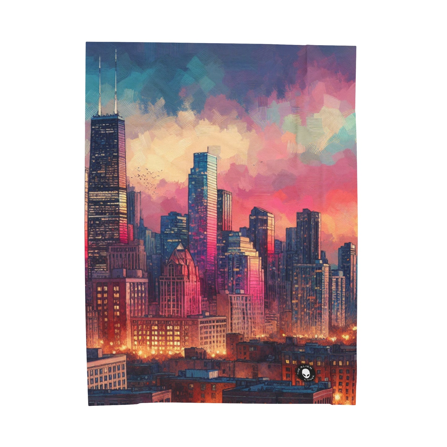 "Dusky Reflections: City Skyline at Sunset" - The Alien Velveteen Plush Blanket