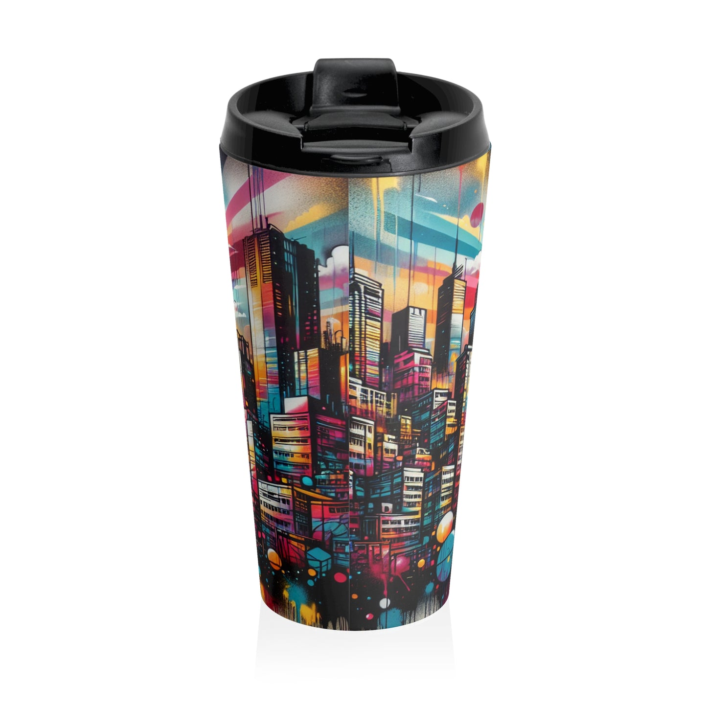 "Cityscape Sunrise" - Taza de viaje de acero inoxidable The Alien, estilo Street Art / Graffiti