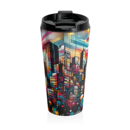 "Cityscape Sunrise" - The Alien Stainless Steel Travel Mug Street Art / Graffiti Style