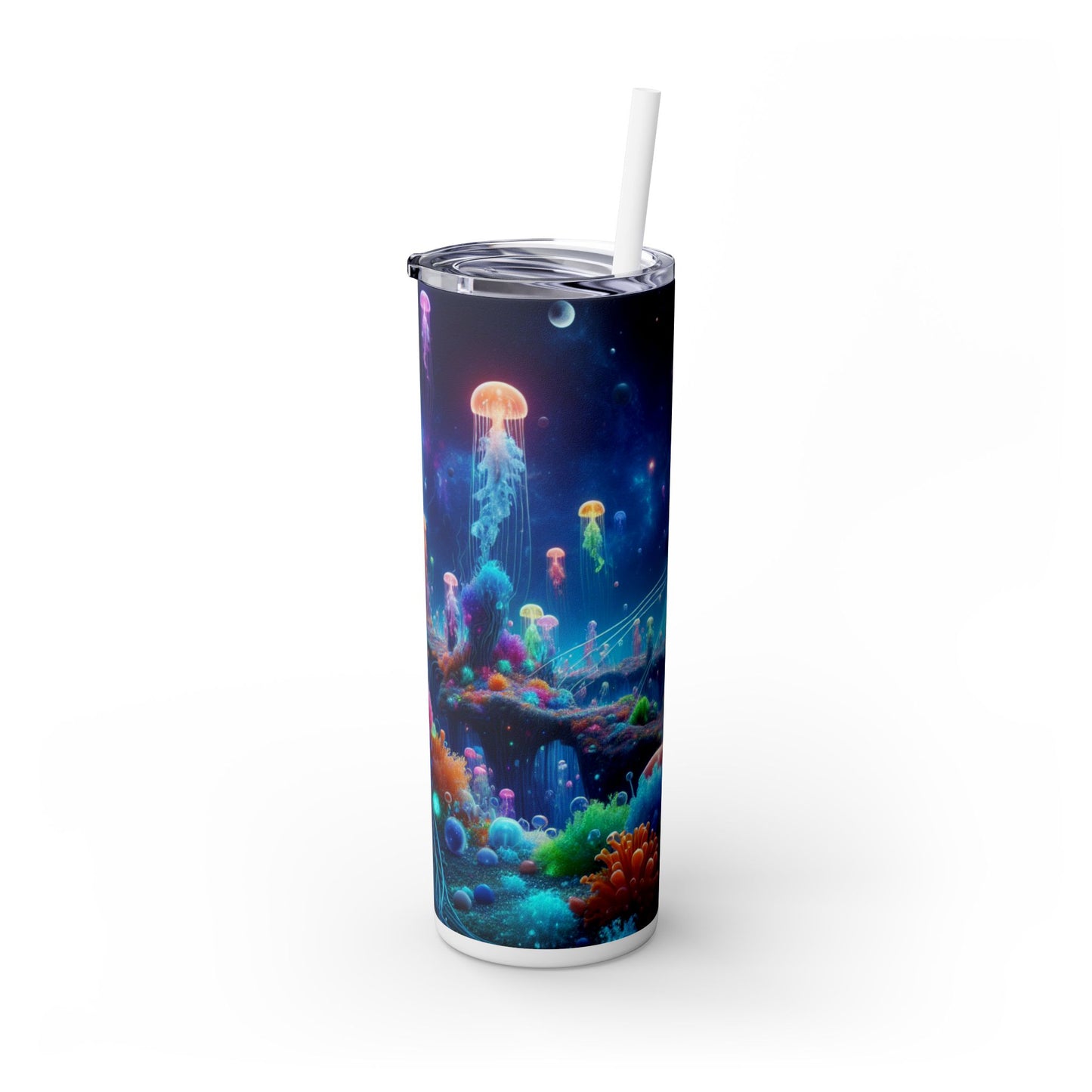 "Neon Jellyfish Fantasia: A Surreal Underwater Odyssey" - The Alien Maars® Skinny Tumbler with Straw 20oz