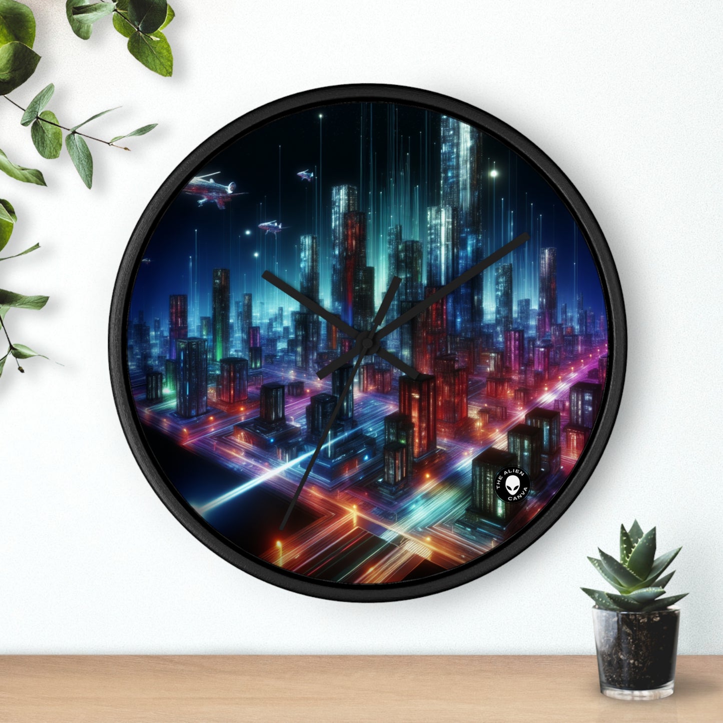 « Neon Skyline : un paysage urbain futuriste » – L'horloge murale Alien