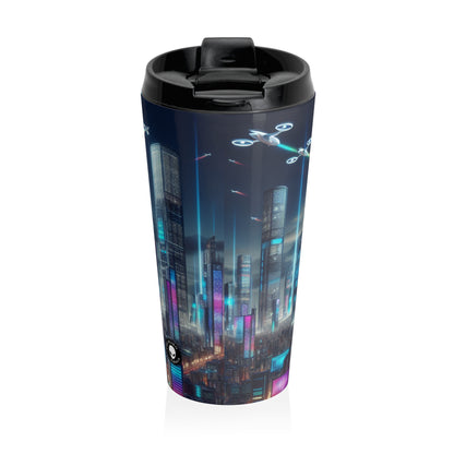 "Future Cityscape: A Skyline of Flying Cars and Neon Lights" - The Alien Stainless Steel Travel Mug