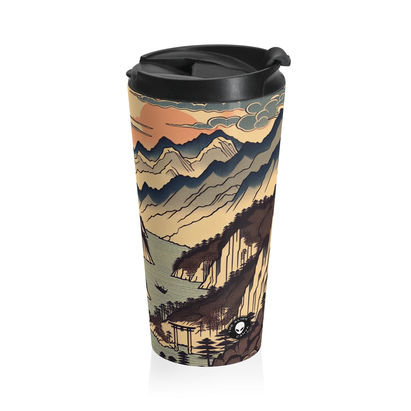 "Sérénité des fleurs de cerisier : un hommage Ukiyo-e captivant à la cérémonie du thé japonaise" - La tasse de voyage Alien en acier inoxydable Ukiyo-e (impression sur bois japonaise)