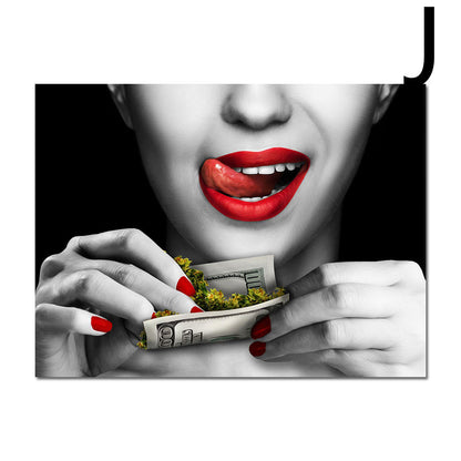 Wall Art Poster Red Lips Smoking Woman Clock Picture Canvas Painting