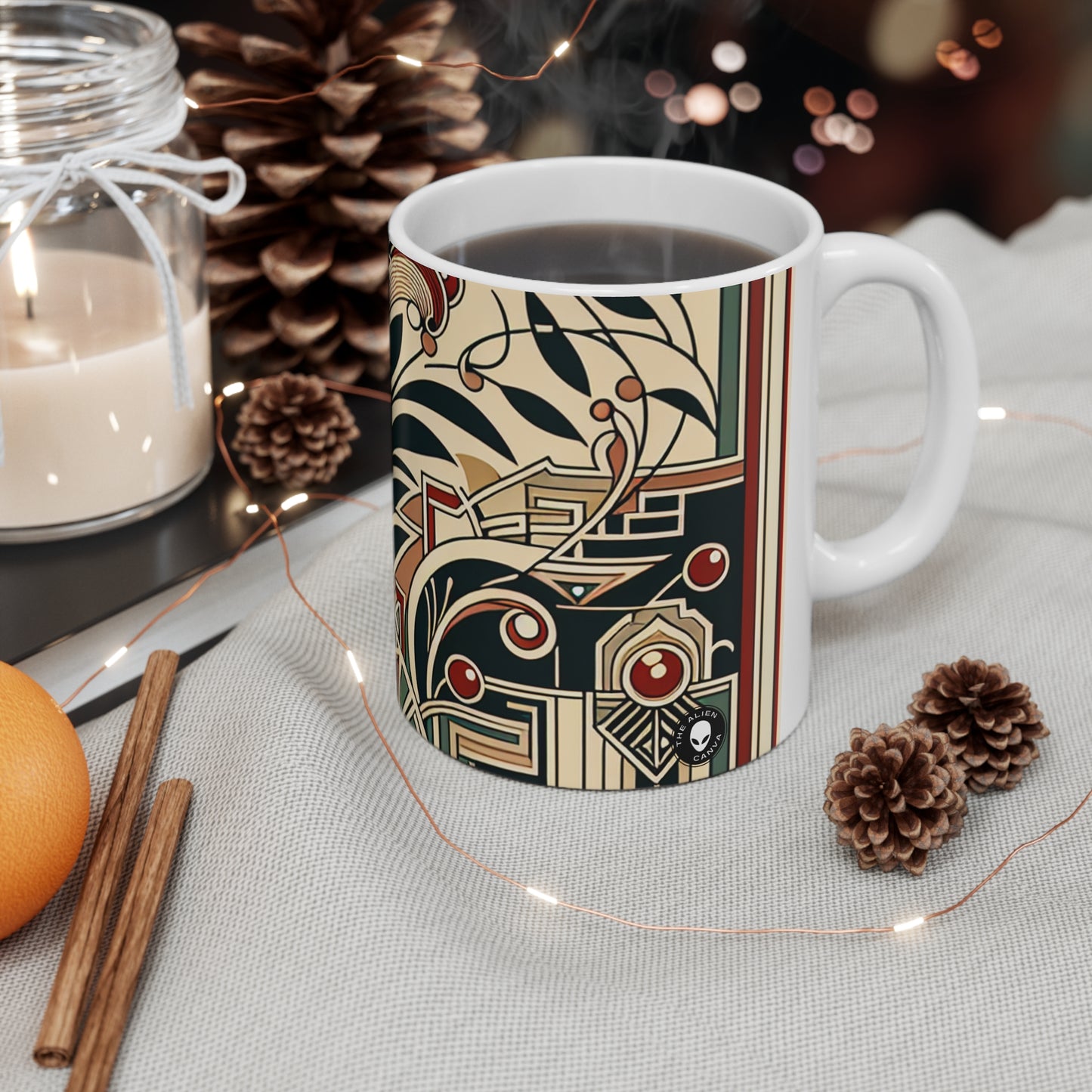 "Golden Glamour: Un dinámico paisaje urbano Art Déco al atardecer" - Taza de cerámica The Alien 11oz Art Deco