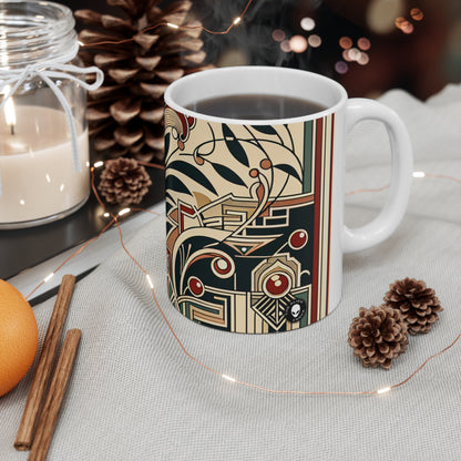 "Golden Glamour: Un dinámico paisaje urbano Art Déco al atardecer" - Taza de cerámica The Alien 11oz Art Deco