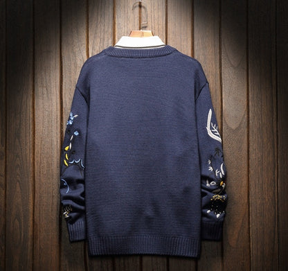 Printed embroidery crew neck sweater