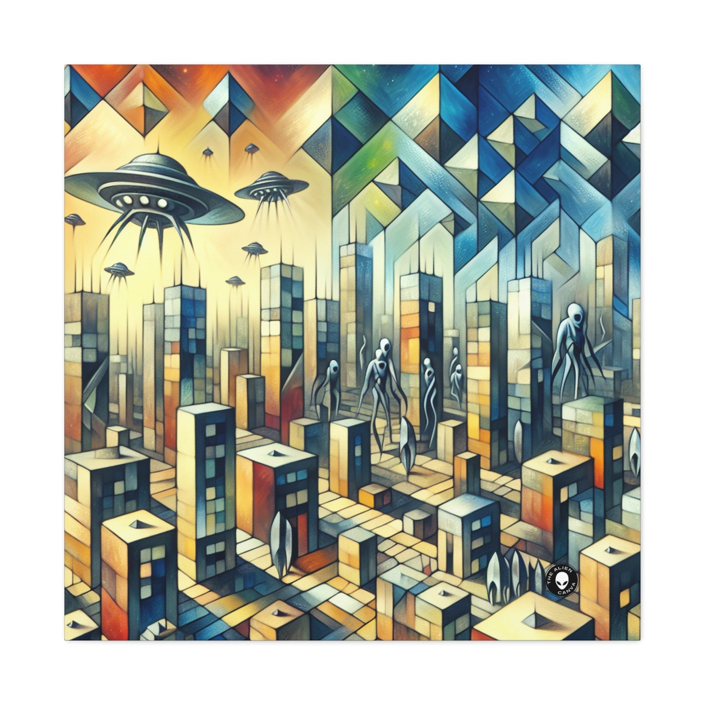 "Cubism in a Futuristic, Alien-Invaded City". - The Alien Canva A futristic city invaded by aliens in cubism art style