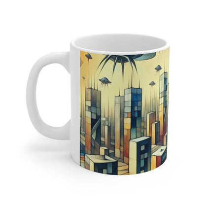 "Cubismo en una ciudad futurista invadida por extraterrestres". - Taza de cerámica The Alien 11oz Una ciudad futurista invadida por extraterrestres en estilo artístico cubista