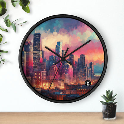 « Reflets sombres : horizon de la ville au coucher du soleil » – L'horloge murale Alien