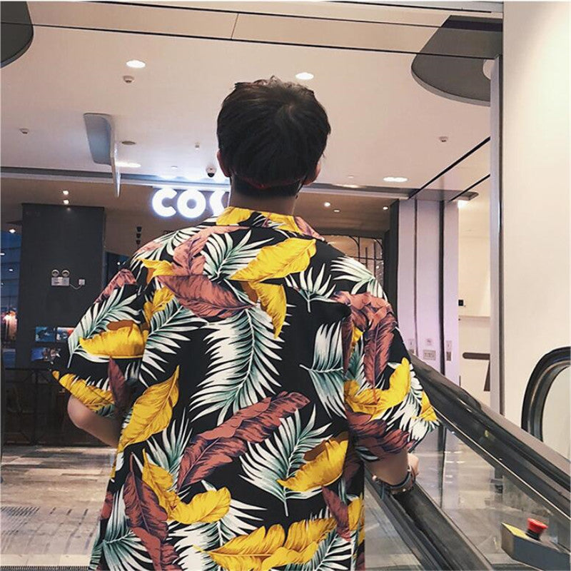 Hip hop leaf print Beach Short Sleeve Shirt