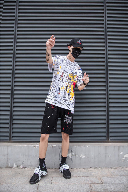 Top short sleeve graffiti T-shirt men's trend hip hop oversize loose half sleeve