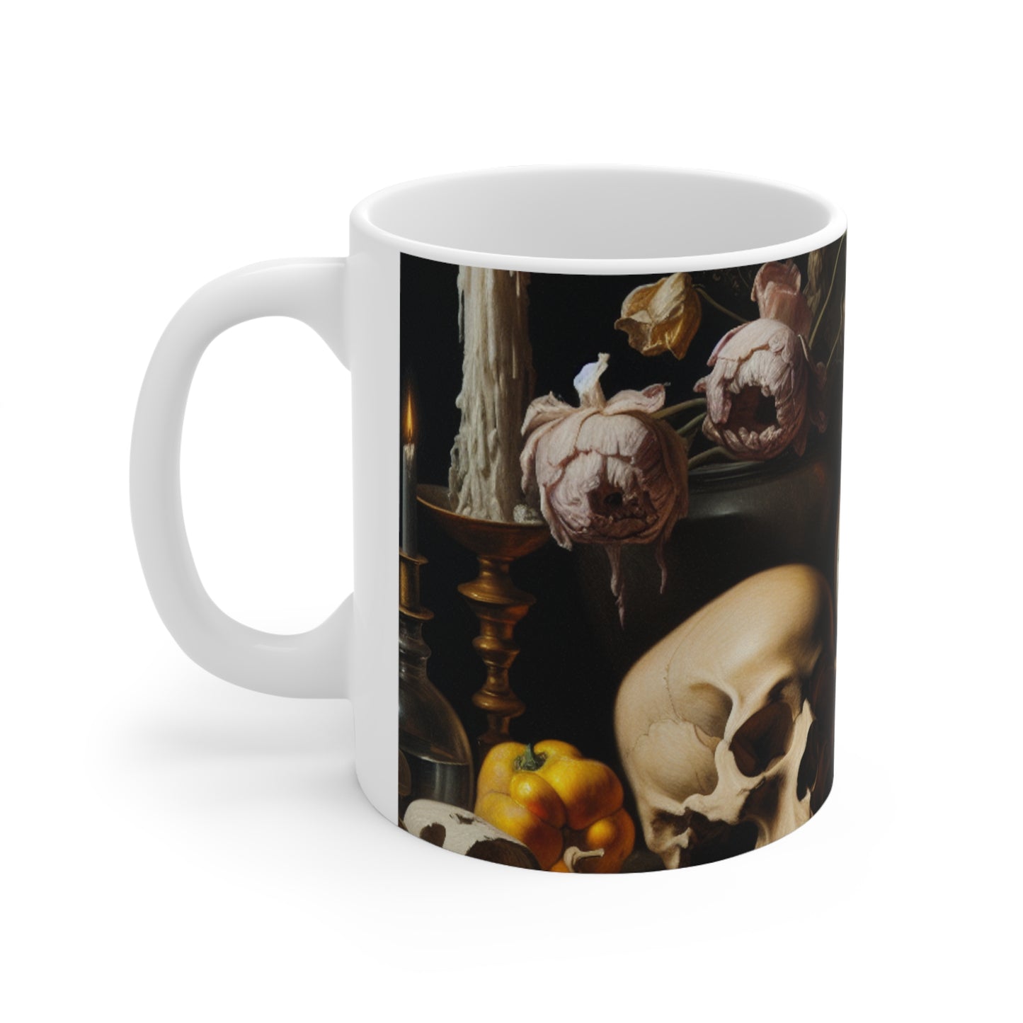 "Dégradation numérique : une vanité contemporaine examinant le consumérisme au 21e siècle" - La tasse en céramique Alien 11oz Vanitas Painting