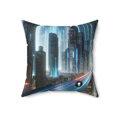 "Neon Nightscapes: A Futuristic City Adventure"- The Alien Spun Polyester Square Pillow