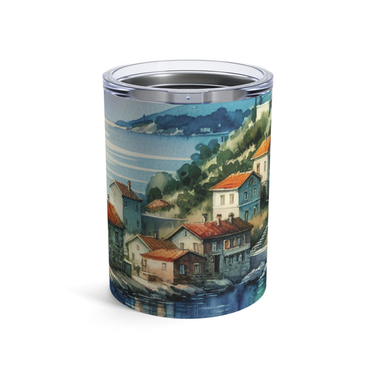 "Glimpse of a Seaside Haven" - The Alien Tumbler 10oz Watercolor Painting Style