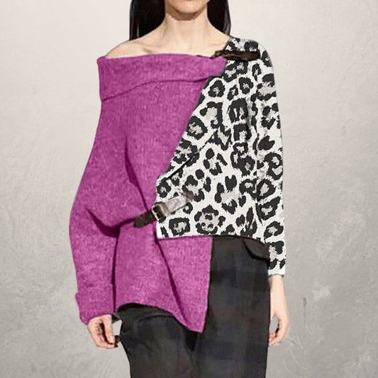 Leopard Print Stitching Irregular Sweater