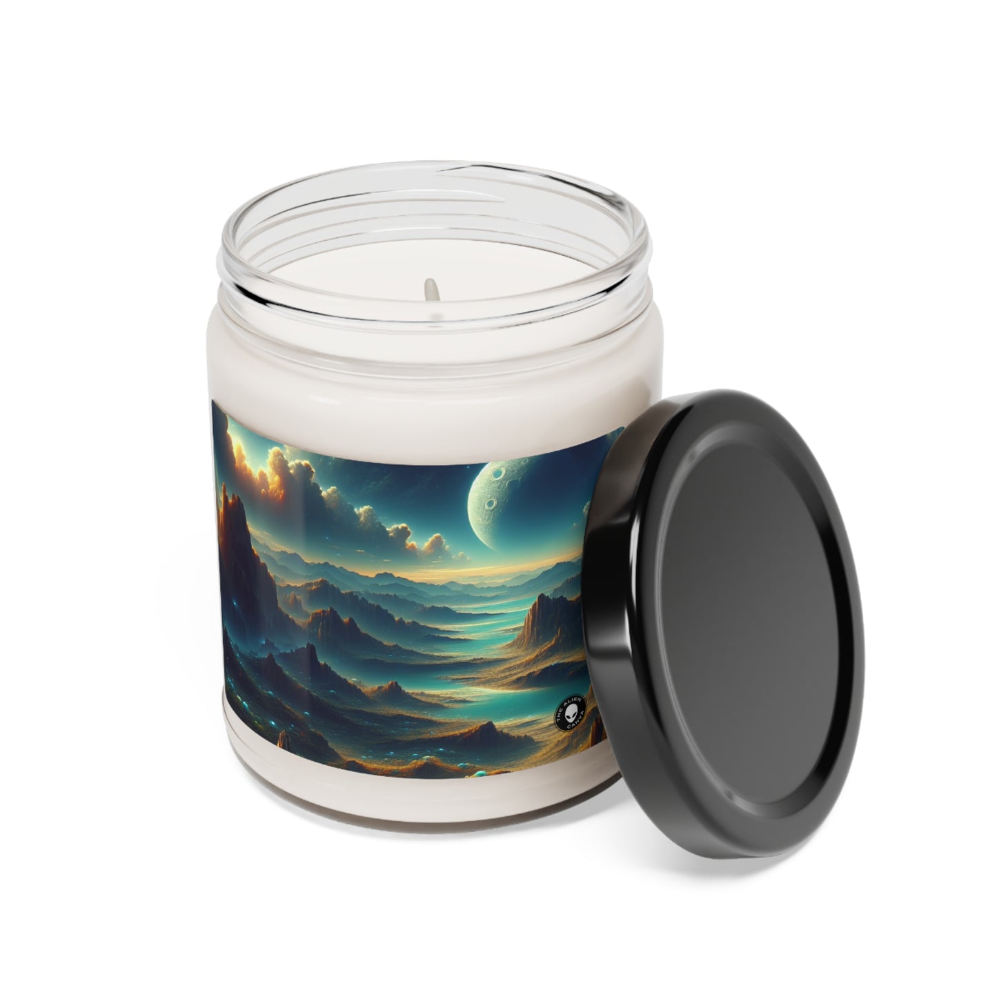 "Un Sueño Extraño: Un Mundo Desconocido en Detalle" - The Alien Scented Soy Candle 9oz planetas no descubiertos en estilo hyperrealista