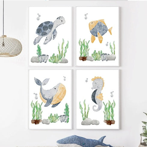 Tortue de mer, hippocampe, baleine, étoile de mer, poisson, toile d'art, affiche d'art nordique