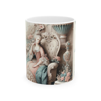 "Encantamiento en jardines en colores pastel: Princesa de hadas rococó" - Taza de cerámica The Alien Rococó de 11 oz