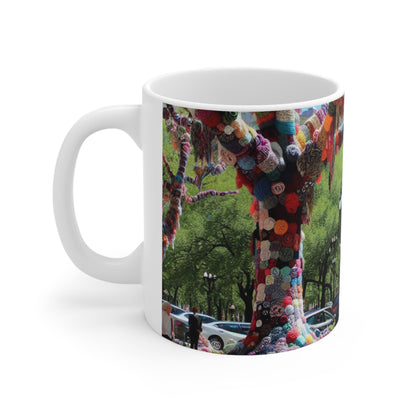 Título: "Yarnscaped City: A Whimsical Fiber Art Fusion" - The Alien Ceramic Mug 11oz Yarn Bombing (Fiber Art)