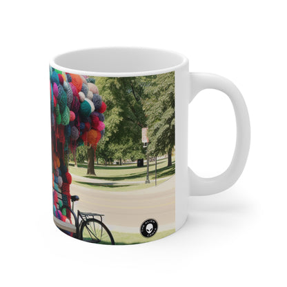 "Whimsical Wonders: Yarn-Bombing the Cityscape" - The Alien Ceramic Mug 11oz Yarn Bombing (Fiber Art)