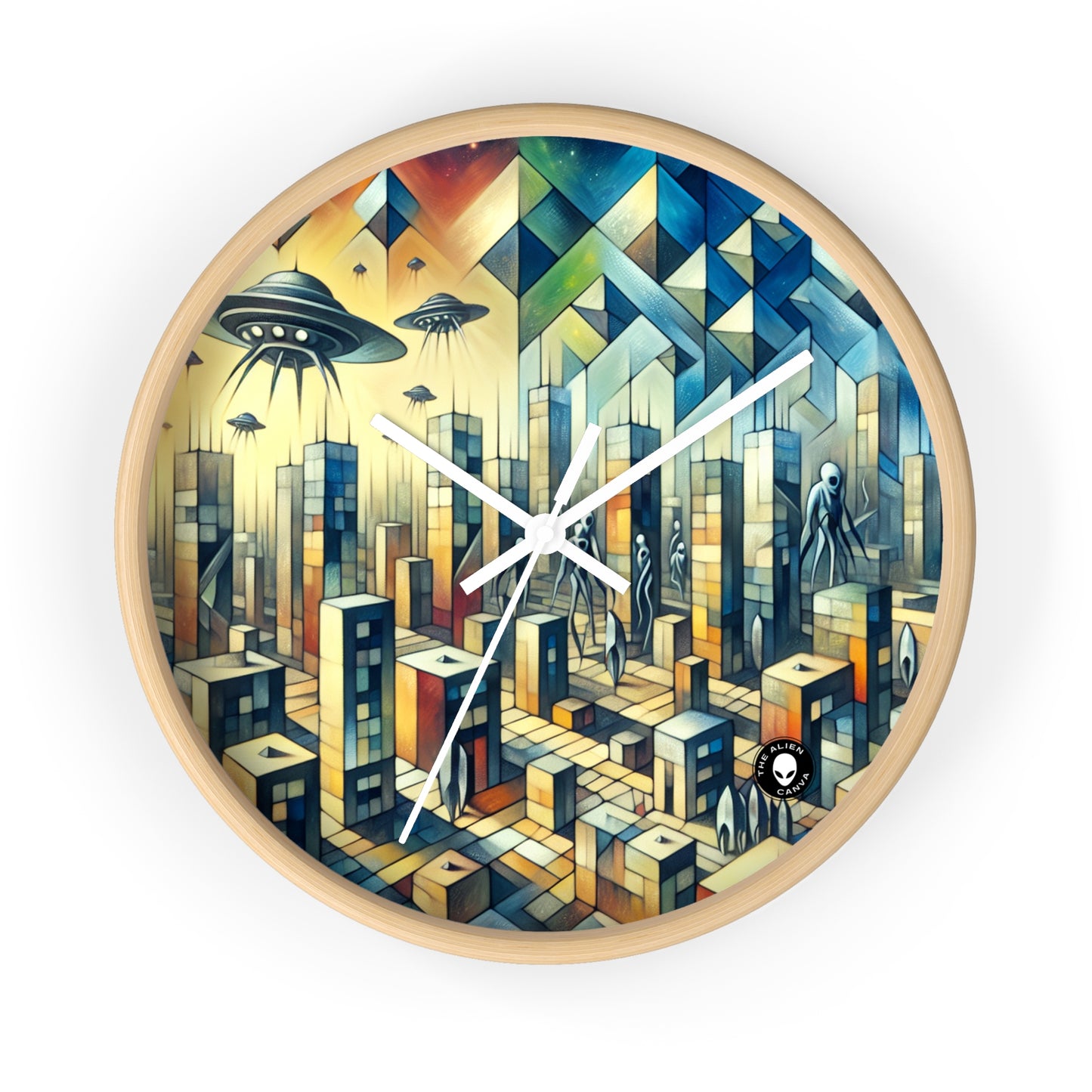 "Cubisme dans une ville futuriste envahie par des extraterrestres". - The Alien Wall Clock Une ville futuriste envahie par des extraterrestres dans un style artistique cubiste