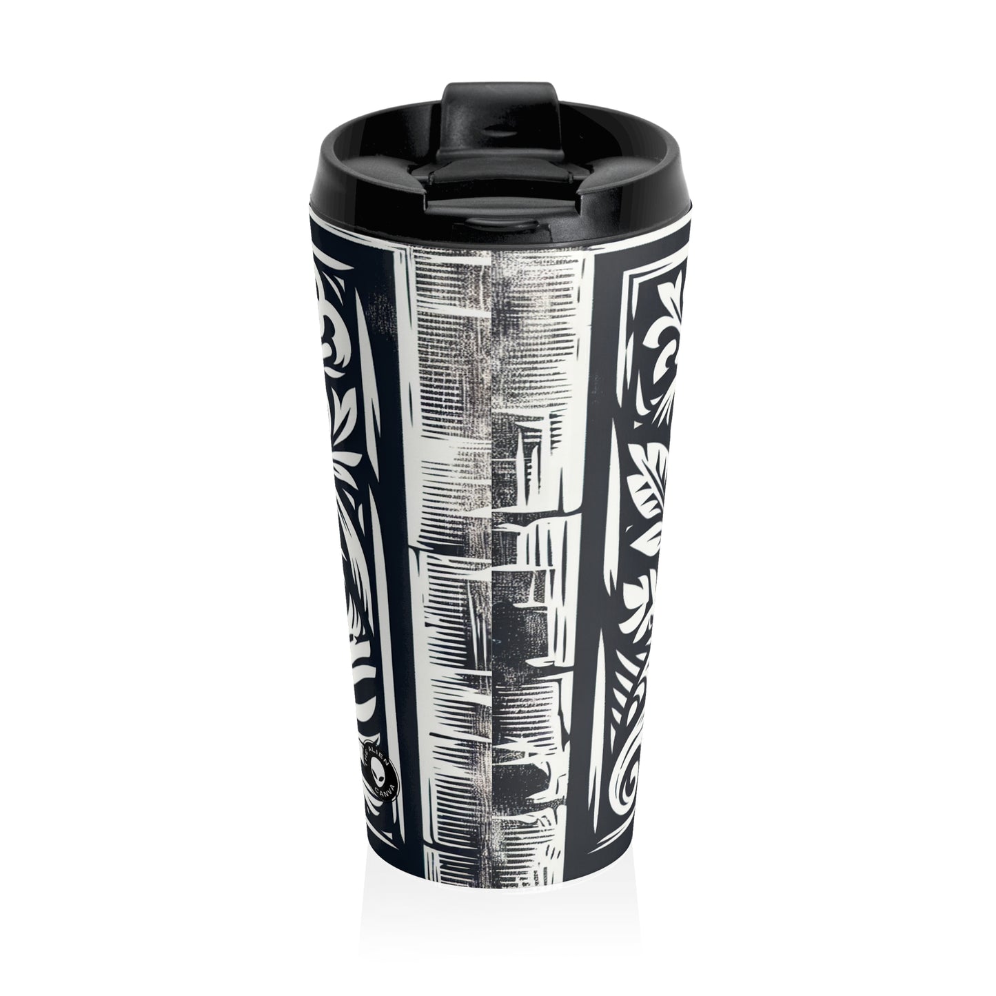 "Elements in Unison: A Woodcut Exploration" - The Alien Stainless Steel Travel Mug Woodcut Printing