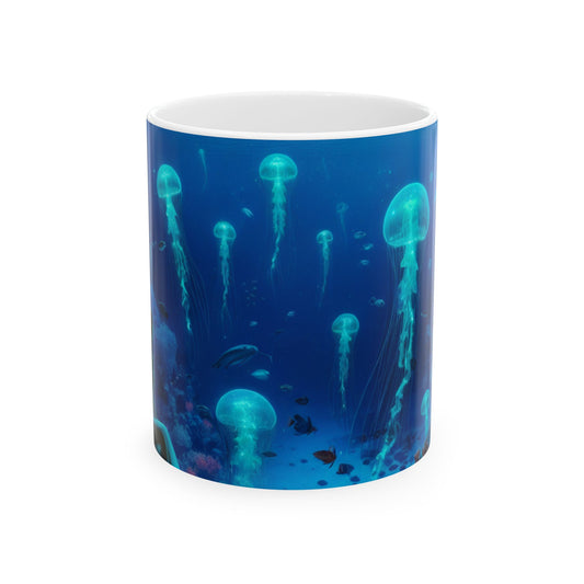 "La serenidad de las sirenas: un ballet de medusas" - Taza de cerámica alienígena de 11 oz