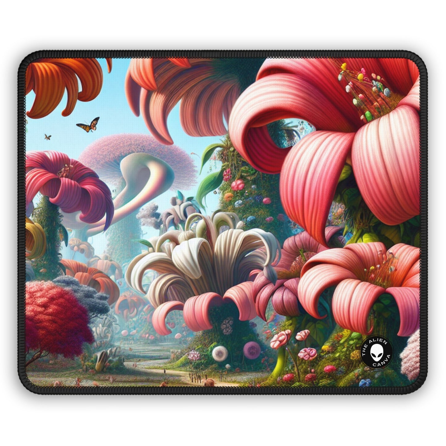 "Jardín de fantasía: grandes flores y pequeñas criaturas" - Alfombrilla de ratón para juegos de Alien