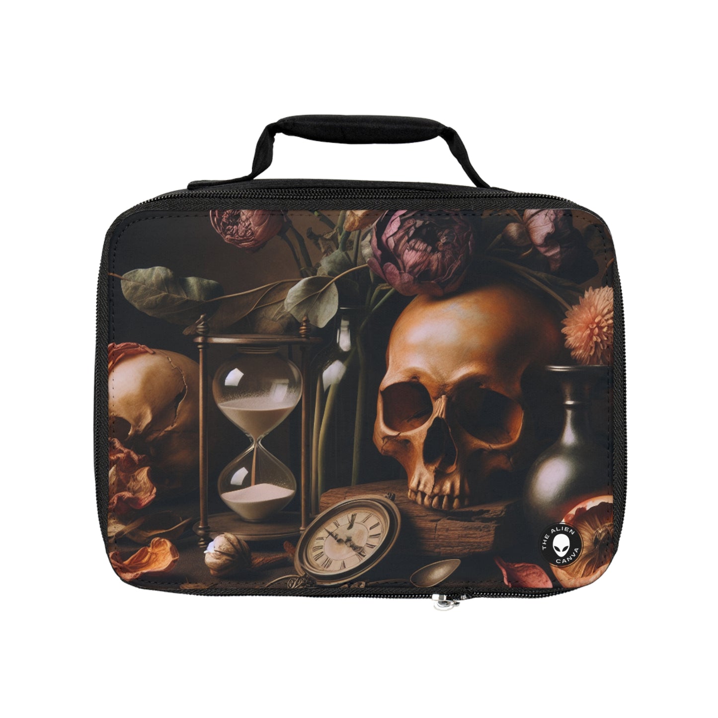 "Belleza fugaz: una vibrante pintura de Vanitas que representa el paso del tiempo y la naturaleza transitoria de la vida" - The Alien Lunch Bag Vanitas Painting