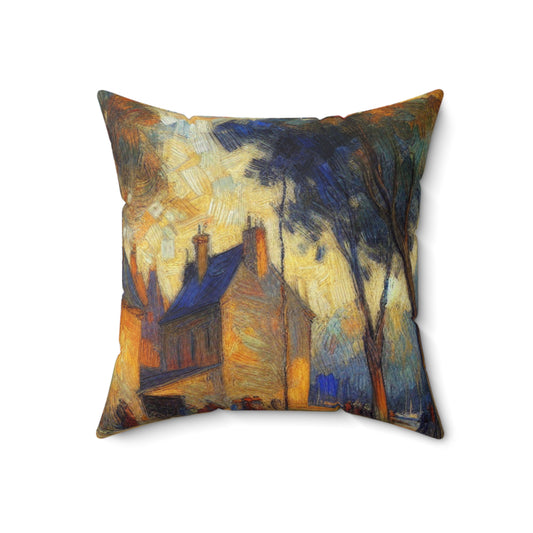 "Rainy Evening: A Post-Impressionist Cityscape"- The Alien Spun Polyester Square Pillow Post-Impressionism