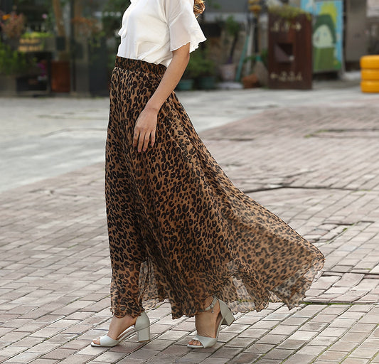 Leopard print sexy chiffon long skirt