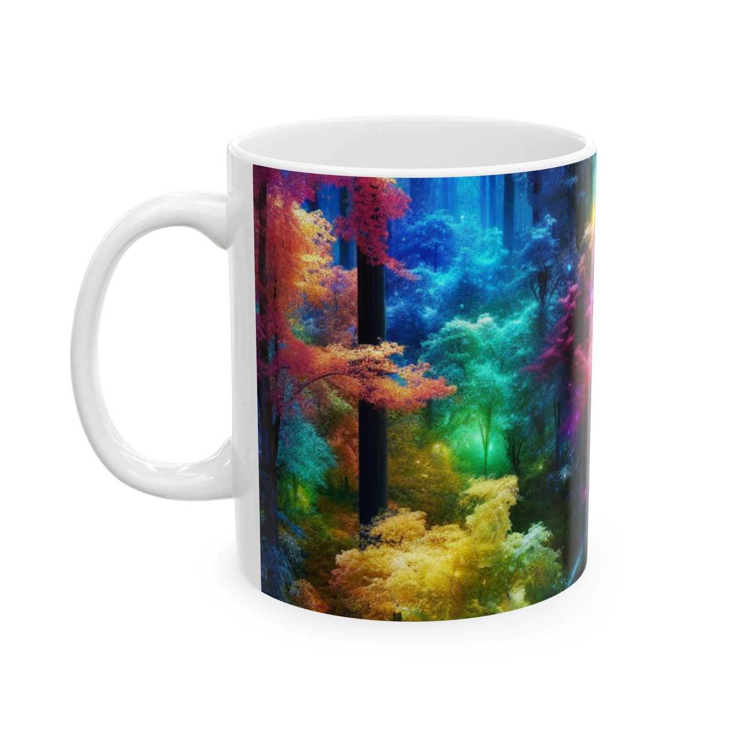 "Bosque arcoíris encantado: puerta de entrada al reino invisible" - Taza de cerámica alienígena de 11 oz