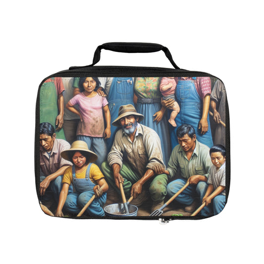 "Reaping Hope: A Migrant Family in the Garden" - The Alien Lunch Bag Social Realism Style