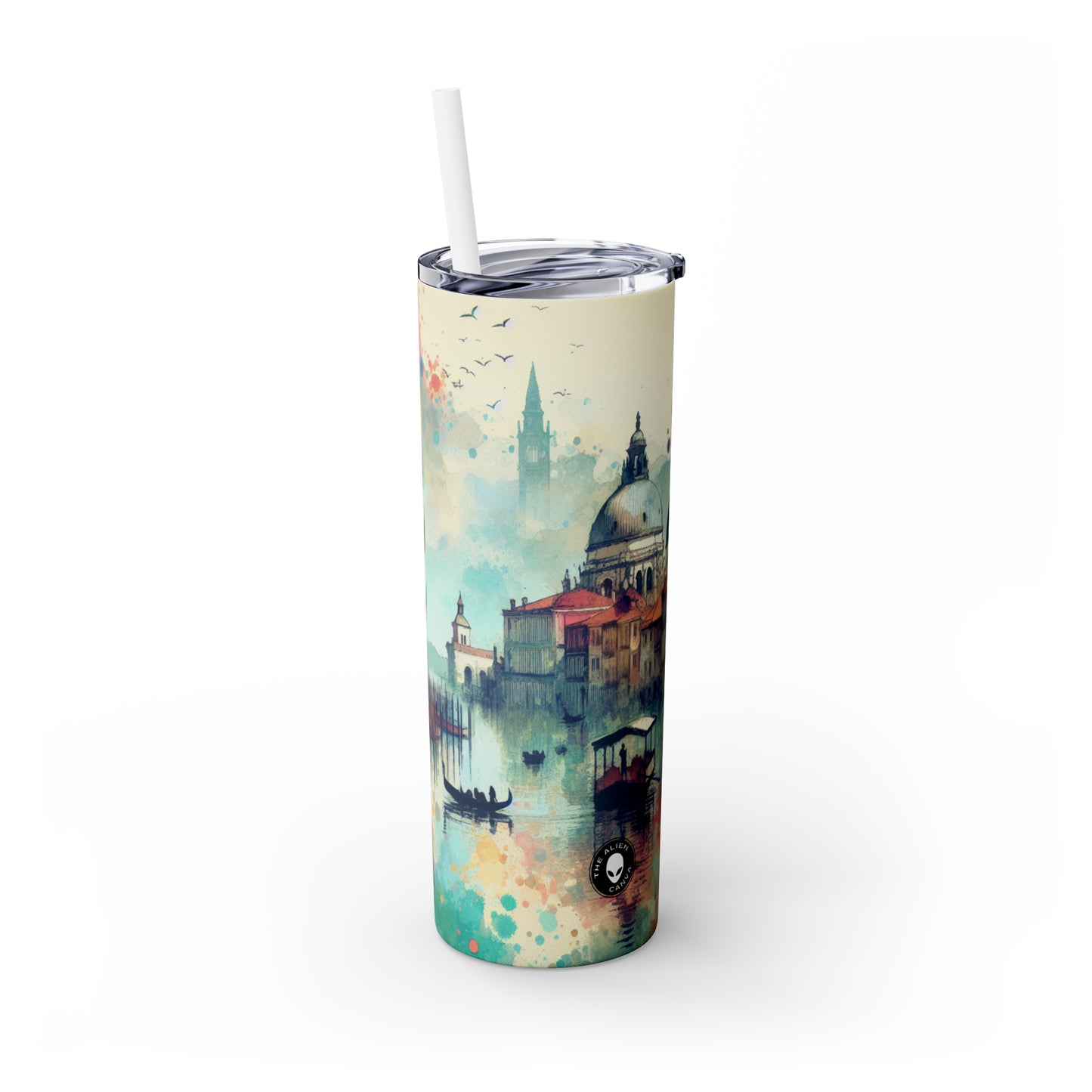 Tranquil Coast: A Serene Watercolor Sunset Painting - The Alien Maars® Skinny Tumbler with Straw 20oz Watercolor Painting