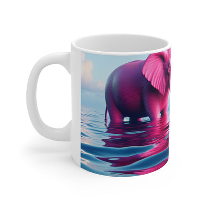 "El elefante rosa en el mar azul profundo" - Taza de cerámica The Alien 11oz Un elefante rosa flotando en el océano