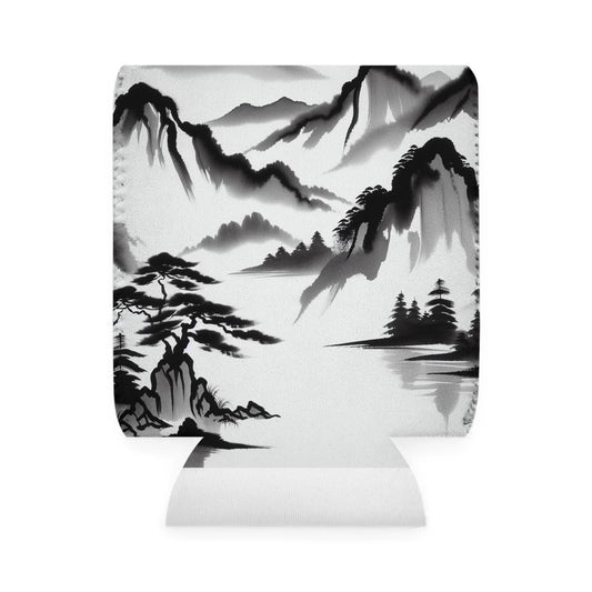 "Mountain Reflection: A Serene Zen Ink Painting" - The Alien Can Cooler Sleeve Zen Ink Painting