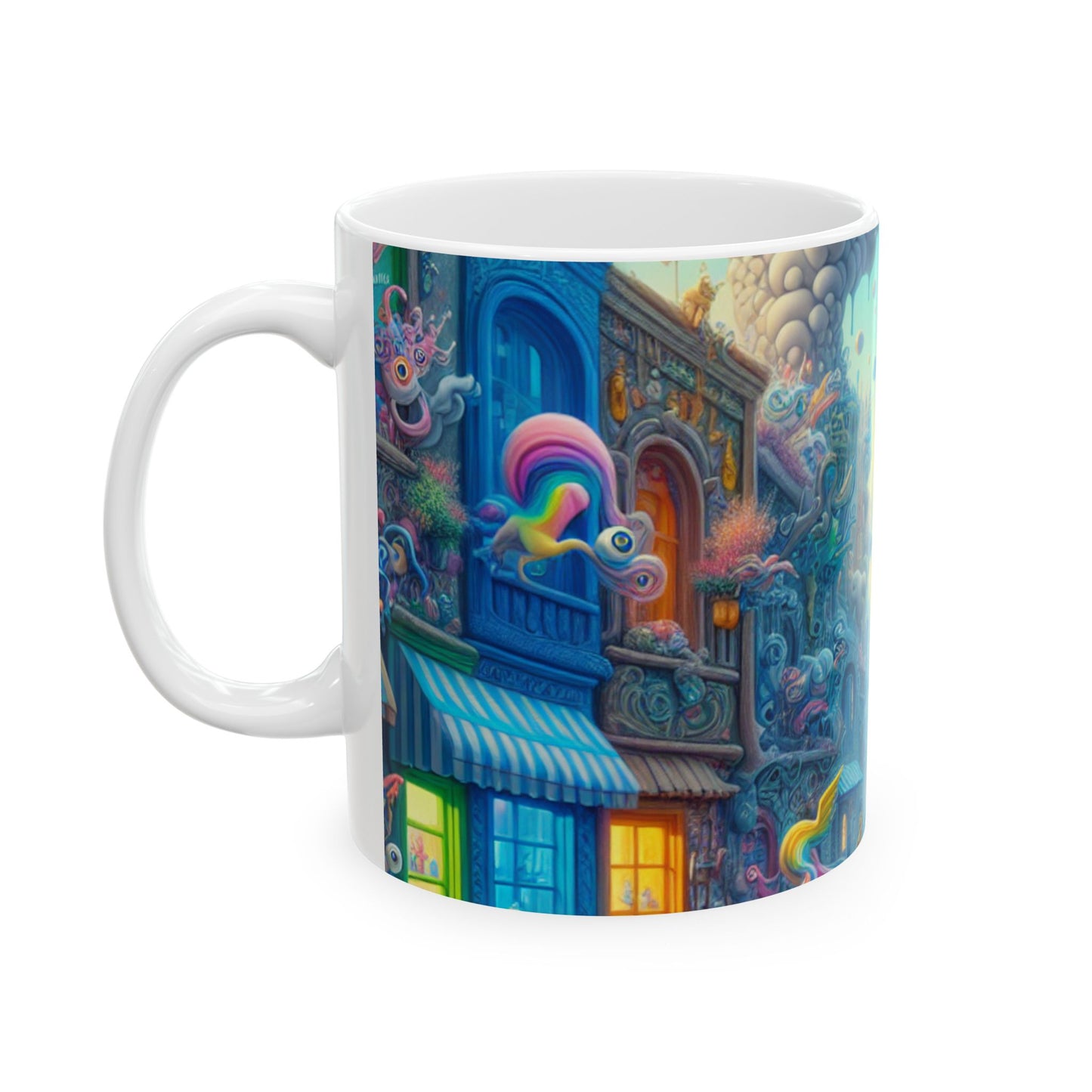 "Whimsical Wonders: A Vibrant Street Scene" - The Alien Ceramic Mug 11oz