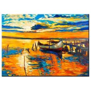 Yhhp Hand Painted Dock Boat Decoration Canvas Oil Painting- Orange  Blue