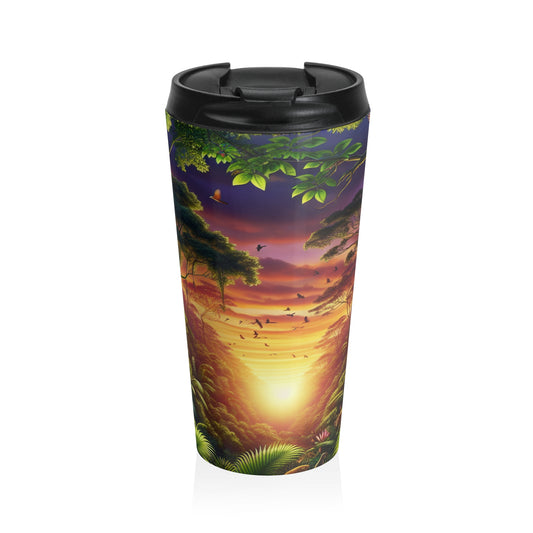 "Atardecer en la jungla: un encuentro salvaje" - Taza de viaje de acero inoxidable de Alien