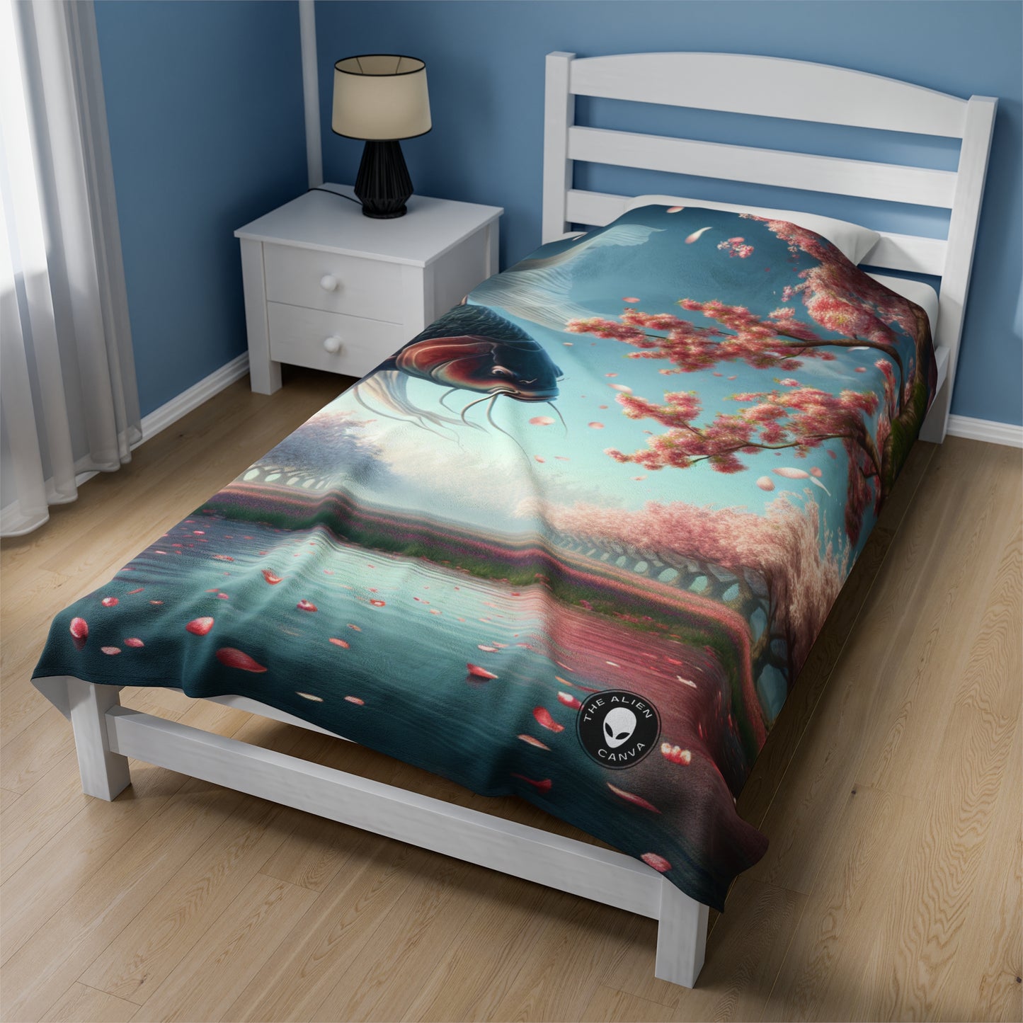 "Koi Fish in Cherry Blossoms: Beauty of Nature" - The Alien Velveteen Plush Blanket