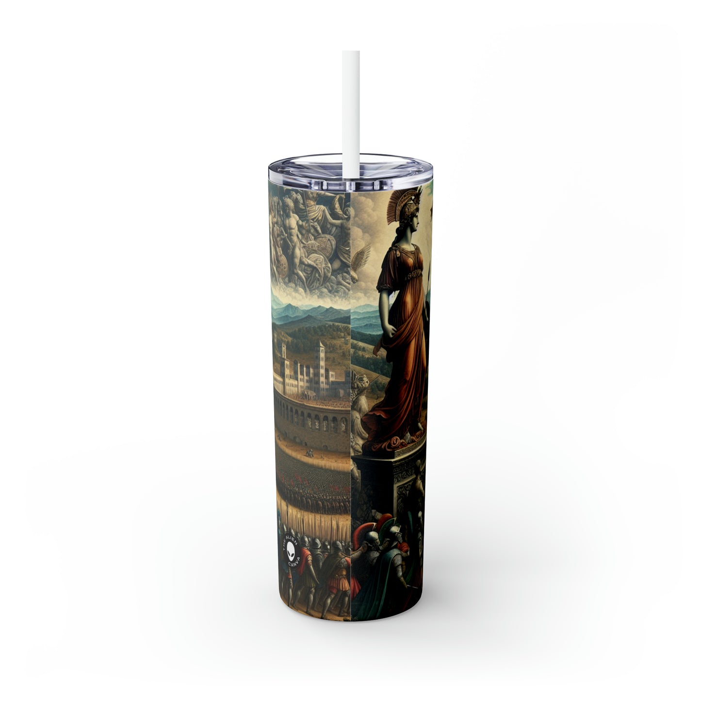 "Minerva Over the Renaissance Battlefield" - The Alien Maars® Skinny Tumbler with Straw 20oz Renaissance Art